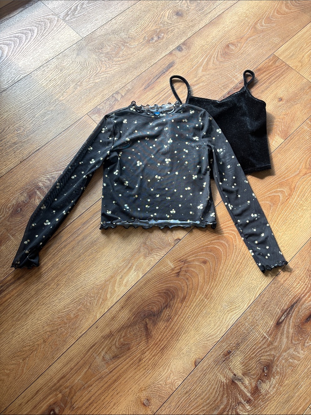 Old Navy Black Floral Mesh Long Sleeve Top with Black Velvet Tank